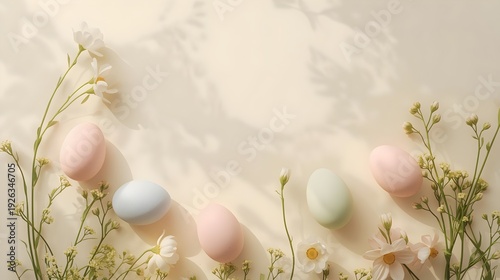 Minimalist Easter composition with pastel eggs and spring flowers on neutral background, elegant flat lay with copy space