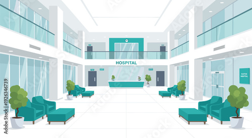 A grand and brightly lit hospital lobby, featuring a central teal reception desk and multiple teal seating arrangements, is depicted with high ceilings and glass railings.