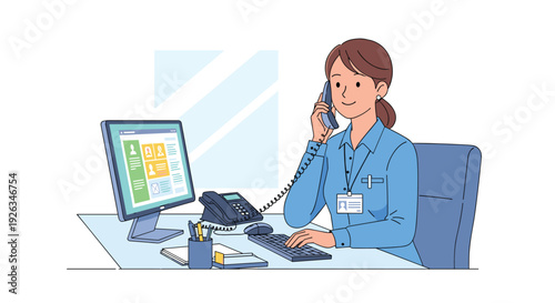 A female receptionist, wearing a blue shirt and an ID badge, is efficiently multitasking by talking on a landline phone and typing on a computer keyboard.