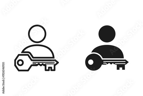 User Access Icon Set: Person with Key Symbol in Outline and Solid Styles