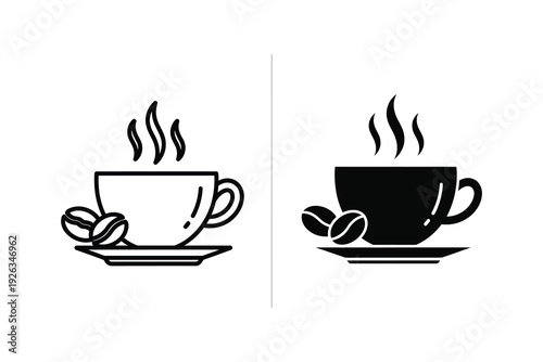 Hot Coffee Cup Icons: Outline and Solid Fill with Coffee Beans