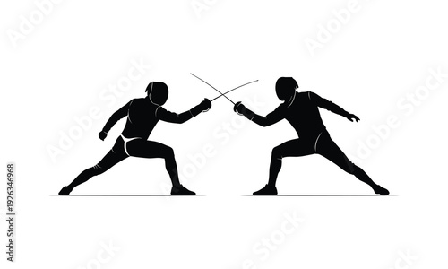 Fencers dueling with swords black silhouette facing each other