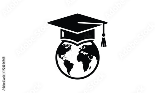 Global education symbol with graduation cap on world globe