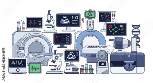 A comprehensive array of advanced medical diagnostic equipment, including imaging machines and vital sign monitors, is meticulously arranged on a clean white background.