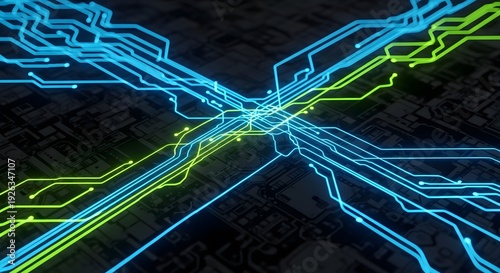 Abstract Glowing Blue and Green Circuit Board Lines Motherboard Background