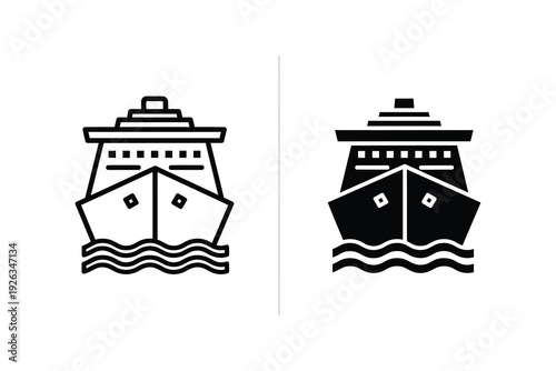 Cruise Ship Icon Set - Ocean Travel and Vacation Outline and Solid Glyphs