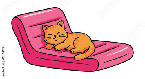 A cute orange tabby cat is peacefully sleeping with its eyes closed on a bright pink inflatable lounge chair against a white background.