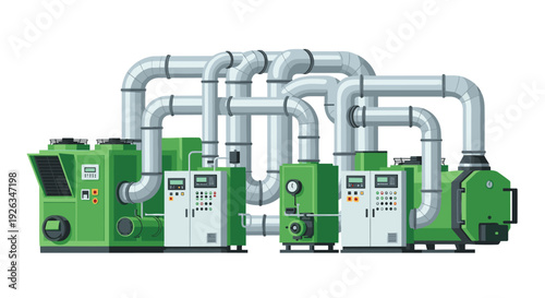Several large green industrial machines, equipped with detailed control panels, are connected by an array of curving silver ducts on a white background.