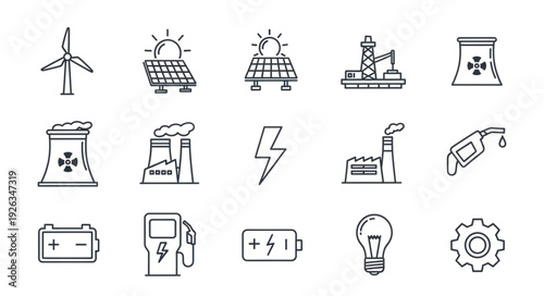 Collection of various energy sources and power generation icons in a line art style.