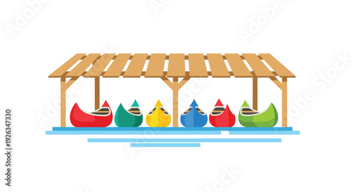 Seven colorful canoes, in red, green, yellow, and blue, are neatly lined up under a rustic wooden shelter, floating on blue water on a white background.