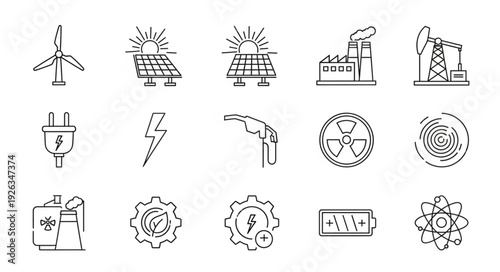 Energy sources and power generation icons representing different industries and technologies.