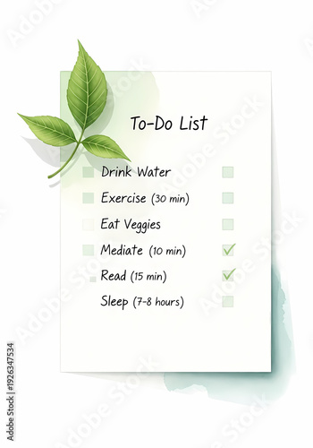 Healthy habits to-do list with checked items and green leaves  