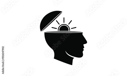 Silhouette of open head with rising sun symbolizing new ideas