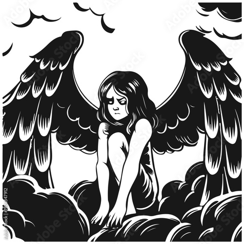 A fallen angel sitting on clouds in the form of an evil child with wings. Vector monochrome illustration in silhouette form
