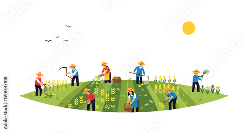 A diverse group of farmers, equipped with various tools, are actively harvesting different crops arranged in an arc formation under a bright yellow sun and flying birds.