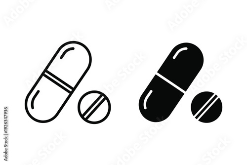Pill and Capsule Icon Set - Medicine Outline and Solid Black