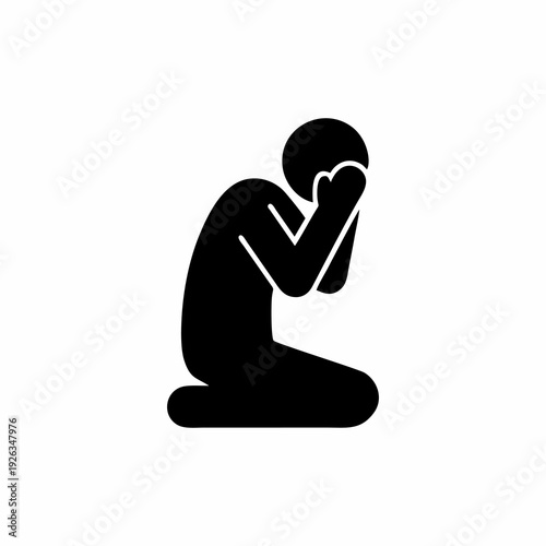 Crying Kneeling Man Icon - Stick Figure Silhouette Expressing Grief, Regret, or Desperate Prayer Isolated on White Background