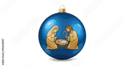 A festive blue Christmas ornament, adorned with a detailed illustration of Mary, Joseph, and baby Jesus in a manger, hangs from a golden cap against a pure white backdrop.