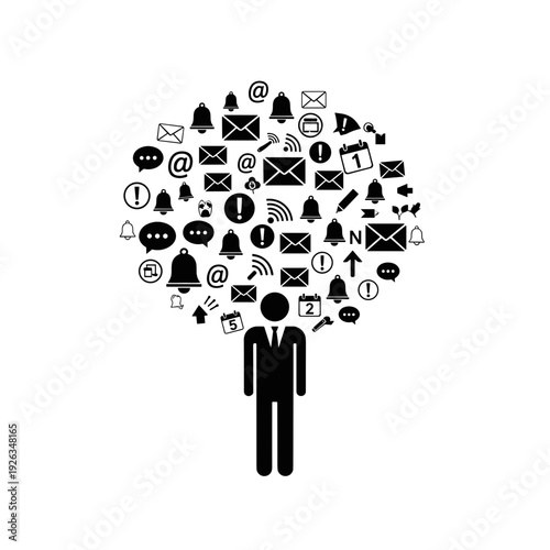 silhouette person surrounded by floating message icons information overload digital stress concept communication technology  