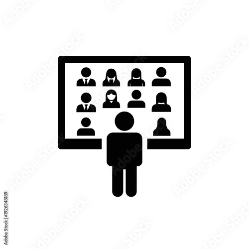 silhouette person in front of screen with multiple people video conference virtual meeting remote teamwork concept corporate communication  