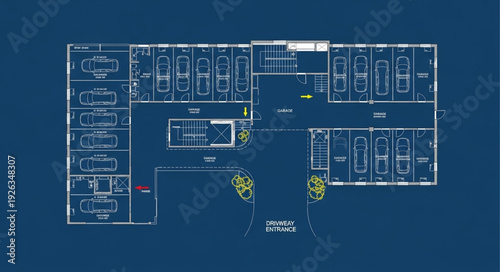 Detailed architectural blueprint showcasing the layout of a modern building with various rooms and corridors.