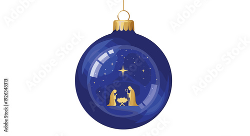 A shiny blue Christmas bauble, featuring a reflective surface and a stylized golden silhouette of the nativity scene with a bright star, is suspended by a golden string on a white background.