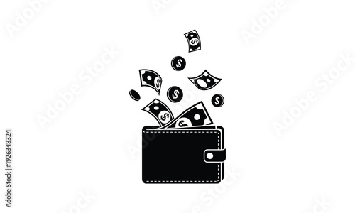 Wallet overflowing with falling banknotes and coins symbolizing wealth