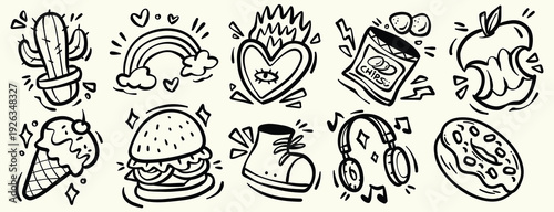 Hand drawn cute doodle icons featuring cactus, rainbow, heart, snacks, burger, ice cream, headphones, and everyday objects. Black and white sketch illustration for stickers, social media, packaging, a