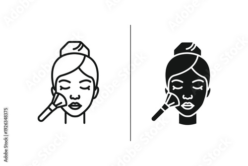 Woman Applying Makeup Icon - Brush and Face Outline/Solid