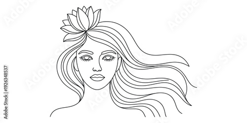 Minimalist line art illustration of woman with lotus flower