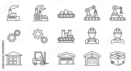 Industrial manufacturing and production process icons in a line art style.
