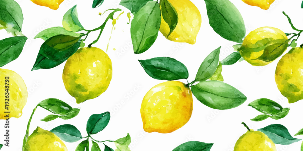 Obraz premium Watercolor lemon pattern with Mediterranean fruits and florals. Seamless summer illustration featuring Italian citrus, blue tiles, and watercolor botanical elements. Vector illustration.