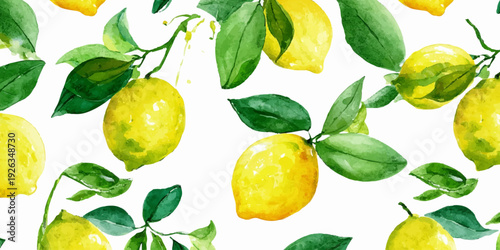 Watercolor lemon pattern with Mediterranean fruits and florals. Seamless summer illustration featuring Italian citrus, blue tiles, and watercolor botanical elements. Vector illustration.