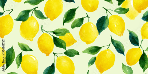 Summer lemon seamless pattern in watercolor style. Italian citrus fruits with Mediterranean blue tiles, vintage florals, and botanical leaves for kitchen design. Vector illustration.