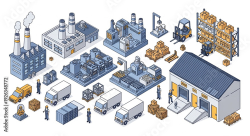 Industrial complex with factories, warehouses, and transportation vehicles, a comprehensive view.