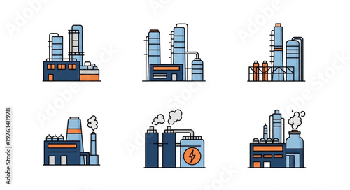 Industrial factory buildings with chimneys and smoke, production plant illustration.