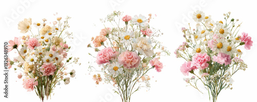 Watercolor wildflower bouquet with pink blooms and delicate petals. Romantic floral meadow composition perfect for wedding invitations, spring banners, and botanical art projects.