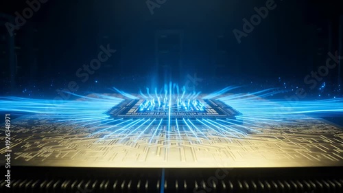 High-Tech Microchip with Radiant Blue Data Streams and Golden Circuitry Representing Digital Processing Innovation