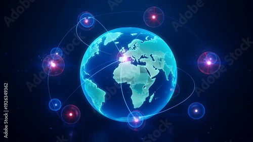 Global Communication Network: Glowing blue Earth with connected nodes and orbiting spheres, symbolizing technology, data, and innovation.