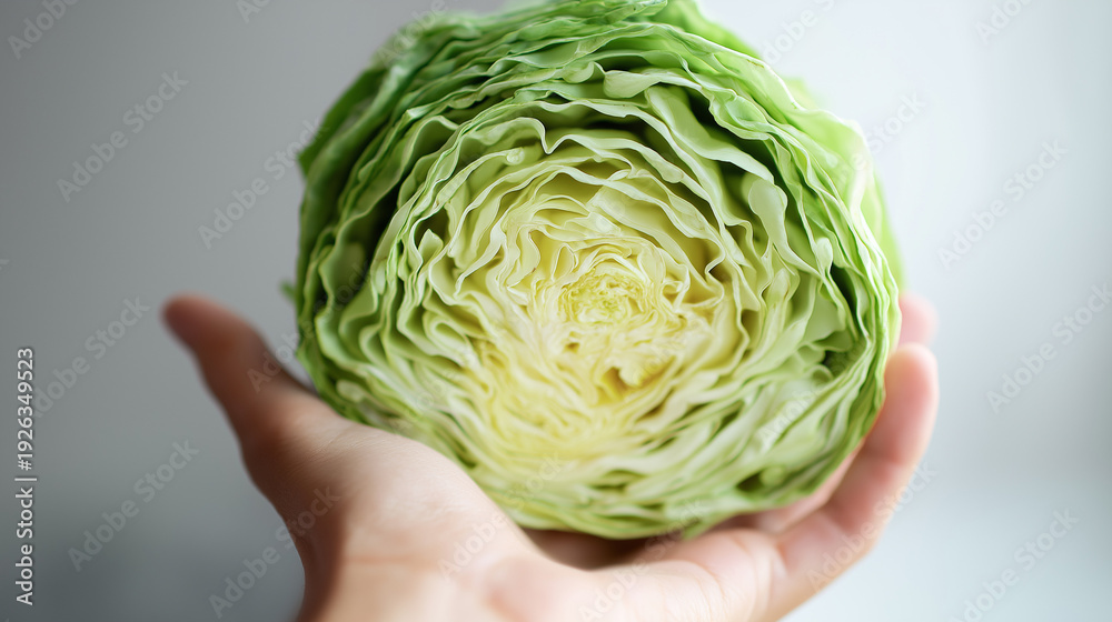 Obraz premium Hand holding a freshly cut green cabbage, showing intricate cross section layers and natural texture, representing healthy eating and organic produce