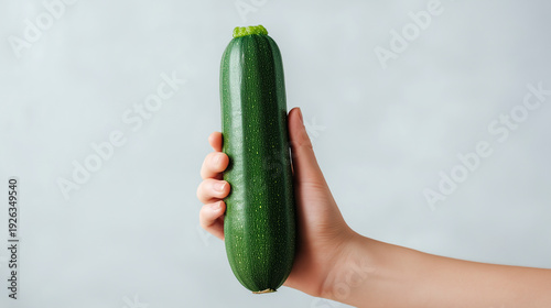 Hand holding fresh green organic zucchini, promoting healthy eating, sustainable farming, farm to table concepts, and wholesome cooking ingredients, copy space