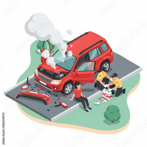 Car Accident Scene with People Assisting Injured Person.