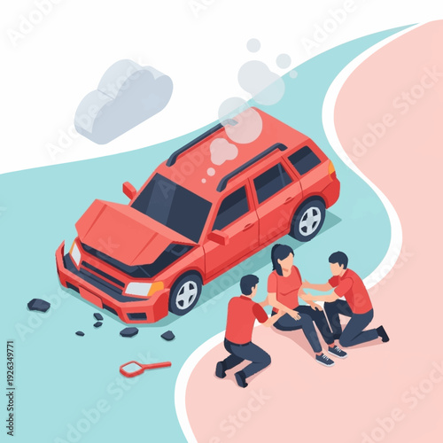 Car Accident on Winding Road with People Assisting Injured Person.