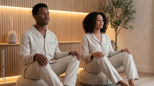 Wallpaper Mural African American couple meditating together in a modern wellness room. Man and woman practicing mindfulness with aromatherapy diffuser Torontodigital.ca