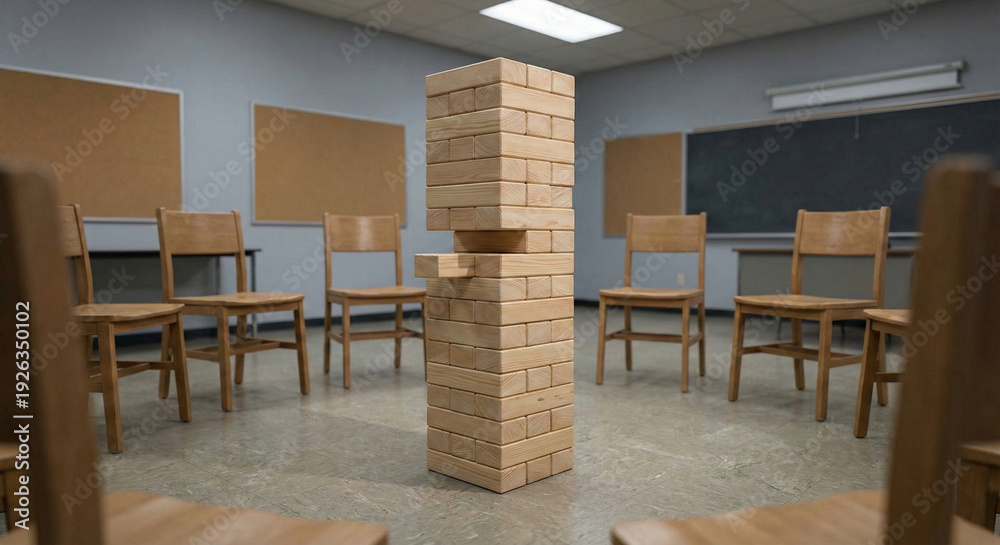 Fototapeta premium Wooden block tower in classroom circle of chairs