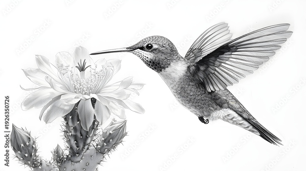 Obraz premium Hummingbird fine line drawing desert botanical scene picture