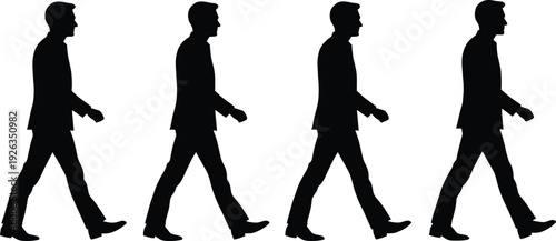Businessman walking silhouettes set, side view male office worker stride sequence isolated on white background, professional movement vector illustration for corporate lifestyle concept
