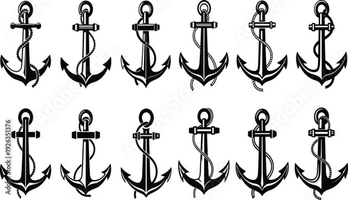 Collection of twelve stylized black anchor illustrations with rope variations, bold nautical designs suitable for logos, tattoos, and maritime artwork