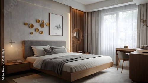 Modern bedroom design with desk and wall art, Elegant bedroom interior with neutral tones and wood.