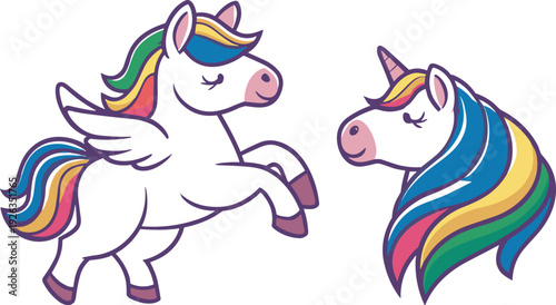 Cute magical unicorn character and pegasus head with colorful rainbow mane and wings set isolated on white background for kids design